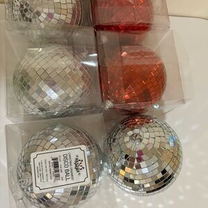 6 Silver and red Disco Ball Ornaments